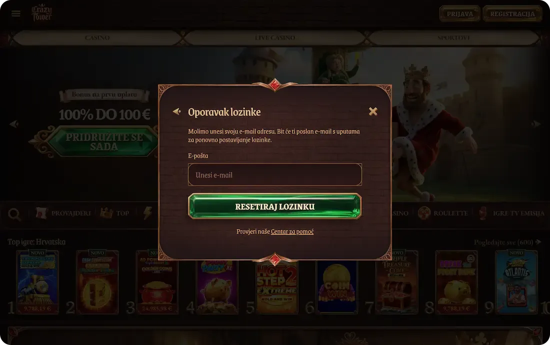 crazytower casino zaboravljena lozinka