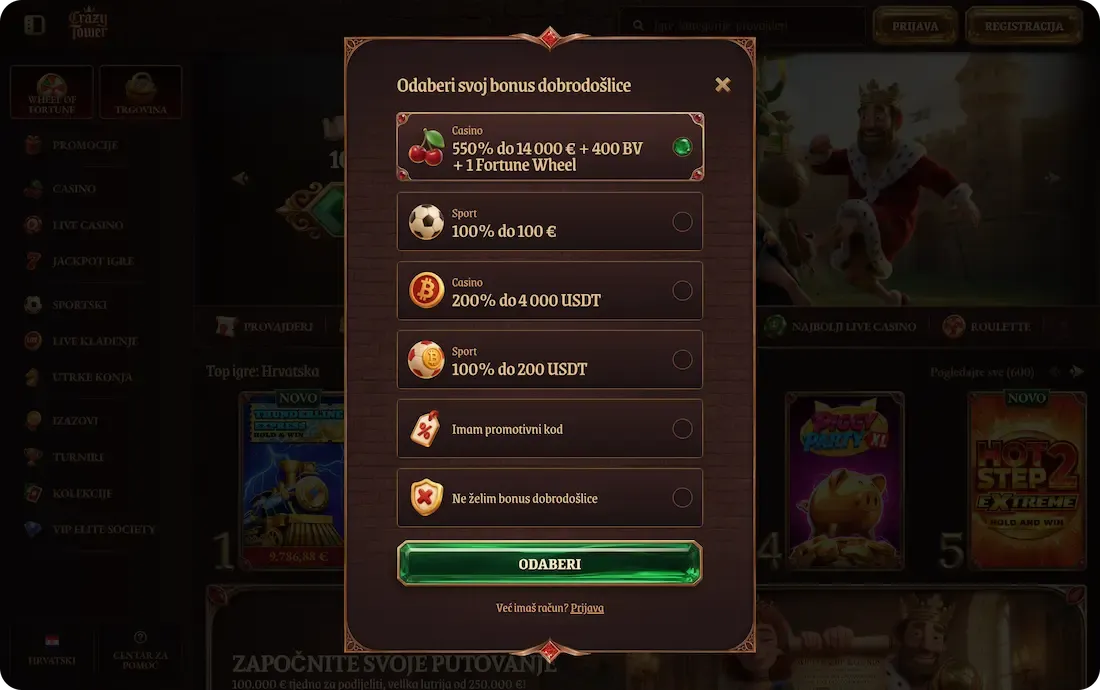 crazytower casino bonus dobrodošlice